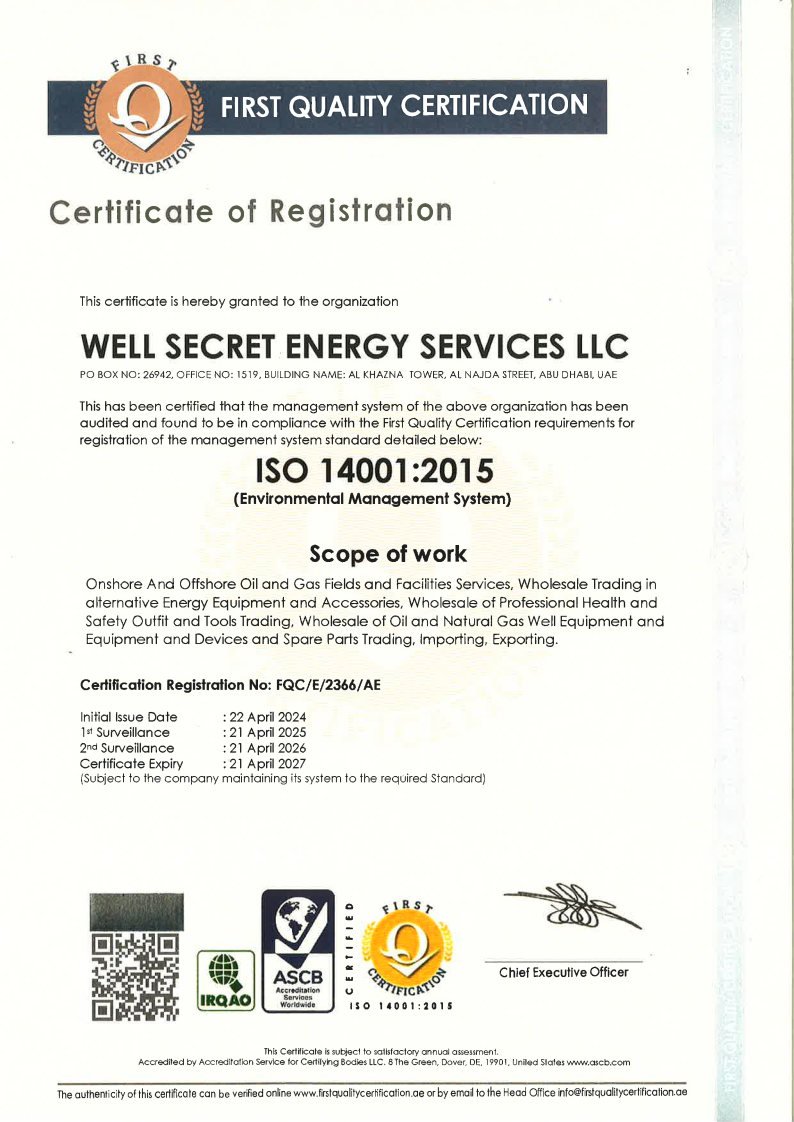 ISO 14001:2015 Environmental Management System certificate issued to Well Secret Energy Services LLC