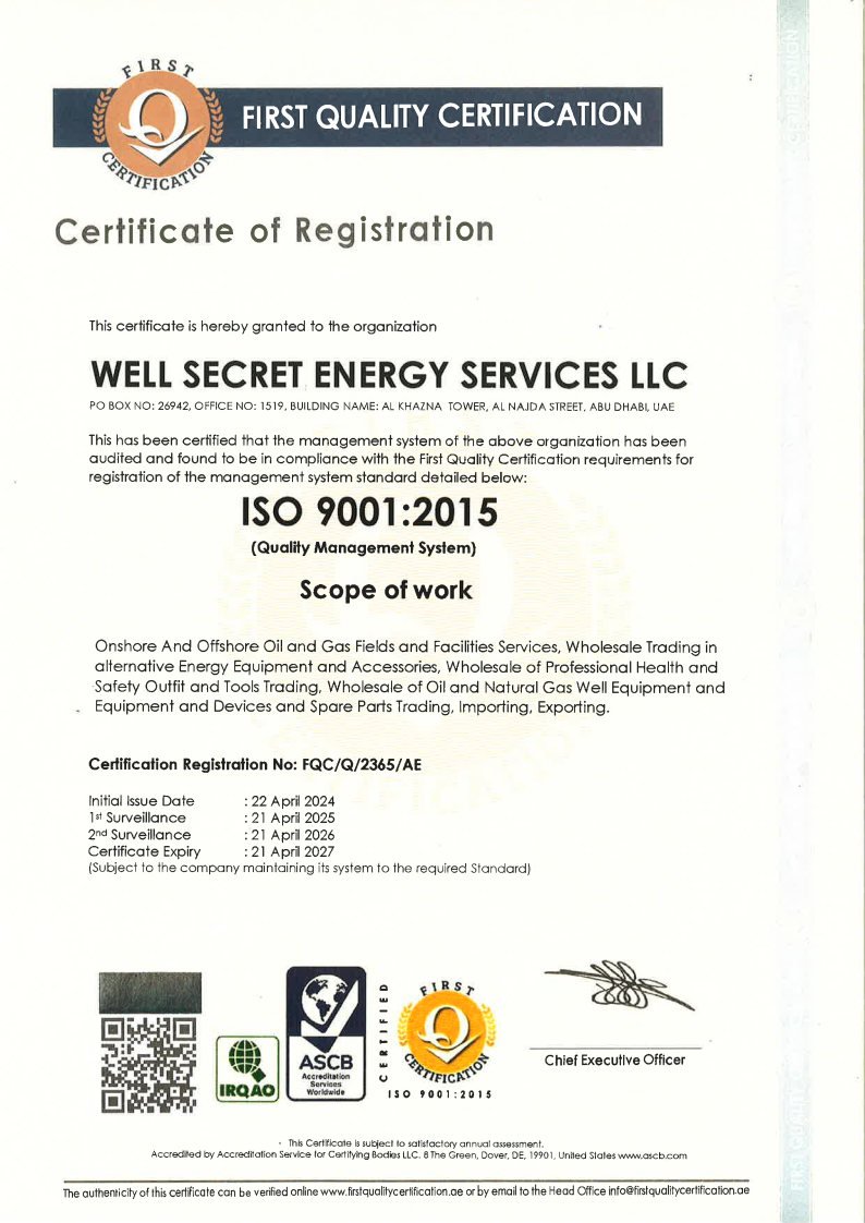 ISO 9001:2015 Quality Management System certificate issued to Well Secret Energy Services LLC