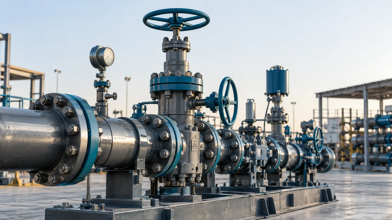 Industrial flow-control valves and pressure equipment arranged in a technical service yard