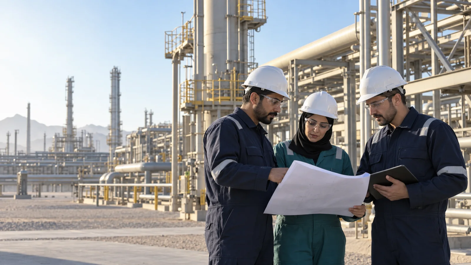 Engineering professionals reviewing plans at an industrial energy facility
