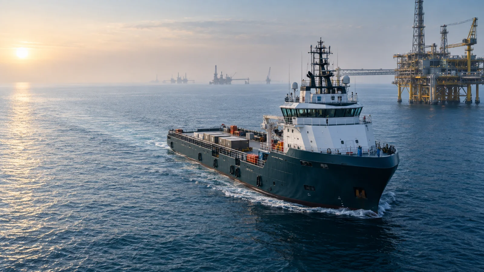 Unbranded offshore support vessel operating near an offshore installation at dawn