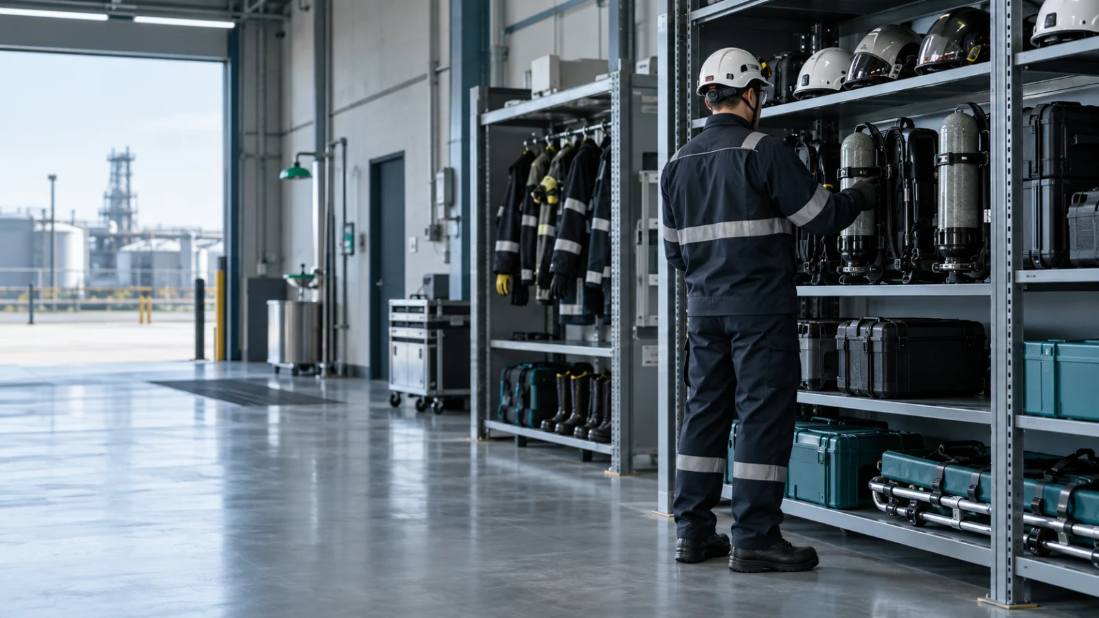 Safety professional inspecting unbranded response equipment in an industrial response bay